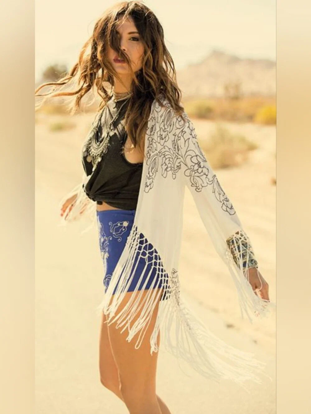 Anna Sui X O'Neill Collab Boho Fringe Tasseled Embroidered Shawl